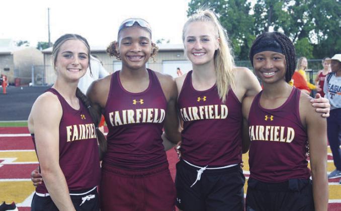 LEFT: Madox Mitchael, Shadasia Brackens, Avery Thaler,and Na’Kayla Conner take the gold in the 4x100m relay with a time of 49.669 as well as the 4x200m relay with a time of 1:43.506 at the district track meet. RIGHT: Mitchael, Thaler, Lillian McBean and Shadasia Brackens win the gold in the 4x400m relay with a time of 4:12.172 at the district track meet. Photos by Mitchell Pate/Fairfield Recorder