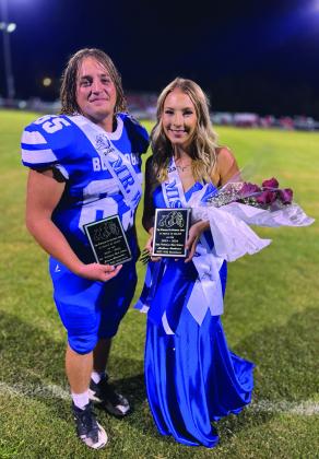 LEFT: Anthony Fortoul (left) and Riley Winstead are the 2023-24 homecoming king and queen, respectively, at Wortham High School. The duo was crowned during halftime of last Friday’s football game against Hico. RIGHT: James Rissmiller (left) and Madison Newhouse are the 2023-24 Mr. and Miss Wortham High School, respectively. The duo was voted for the awards by their peers. Photos by Jennifer Lansford/Fairfield Recorder