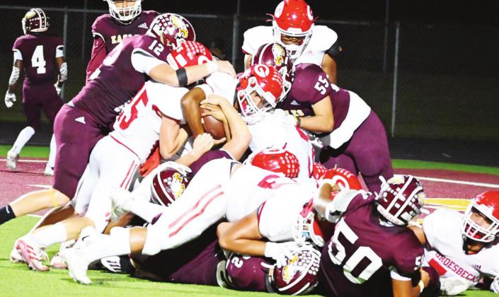 The Eagles defense stops the Groesbeck Goat ball carrier at the end zone on Friday night. Fairfield fell 29-22 to Groesbeck in their district opener. Photo by Mitchell Pate/Fairfield Recorder