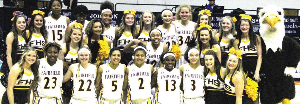 The Lady Eagles congregate with their cheerleaders after a successful Regional playoff run. Fairfield takes to the Alamodome stage Friday afternoon against Dallas Lincoln.