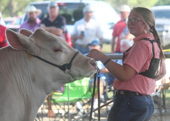 Savannah Ellis gets emotional after winning her steer class on Thursday evening. She went on to receive Reserve Grand Champion with her steer. Photo by Mitchell Pate.