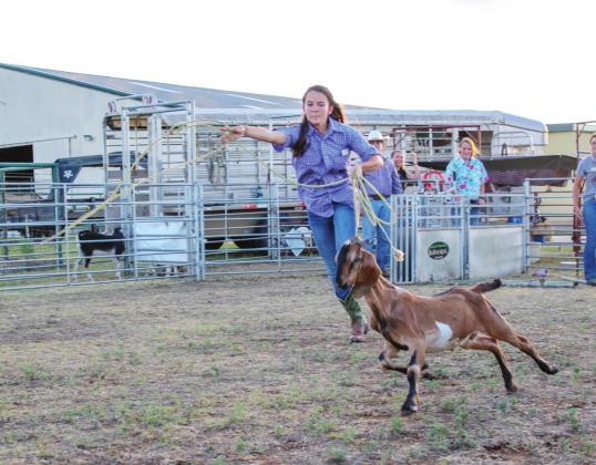 Emery Black, of Dew, practices goat-roping during her time at Texas Ranch Brigade, a camp in Santa Anna, offering hands-on experience in ranching and wildlife activities. Contributed Photo