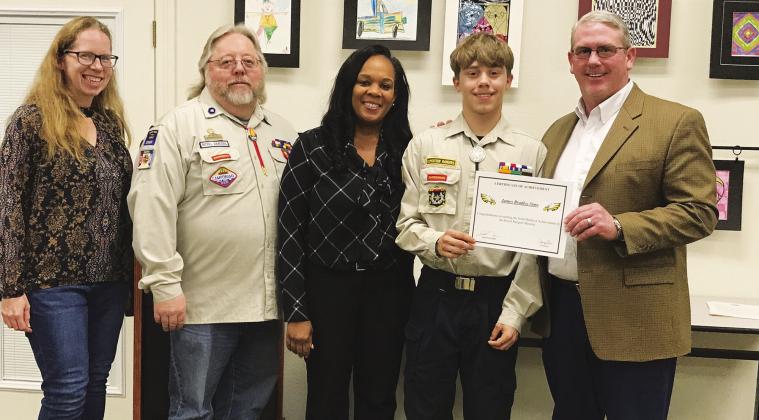Fairfield freshman James Sims (second from right) was recognized for his achievement with the Royal Rangers Ministry during Fairfield ISD’s monthly school board meeting last Thursday. Courtesy Photo