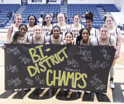 The Fairfield Lady Eagles defeat the Rockdale Lady Tigers, 87-35, in the Bi-District Championship on Tuesday night, Feb. 13, at Robinson High School. Fairfield is now scheduled to take on Mildred in the Area Championship. Pictured are (front) Kristavia Nelms, Kaylee Williams, Charlee Brackens, Lillian McBean, Jimilyah Nash, Addison Posey, (back) Rhett Ralstin, Jaci Abram, Blayke Brackens, Avery Thaler, Jacelynn Schmidt, Jalecia McMillian, and Delaney McGowan. Photo by Mitchell Pate/Fairfield Recorder