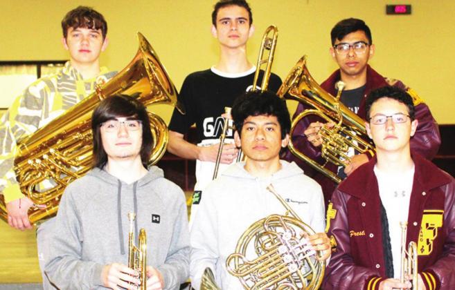 The senior brass sextet composed of (front) Nathan Dunlap, trumpet; Nick Salazar, french horn; Preston Patrick, trumpet; (back) Mason Wright, tuba; Ben Kilkenny, trombone; and Leon Rosales, euphonium advances to the state competition.