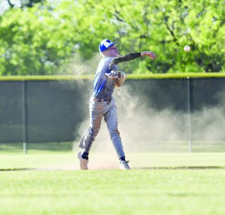Wortham infielder Rylan Langley fires a throw to first base during a recent game. Photo by Melissa Perez/Fairfield Recorder