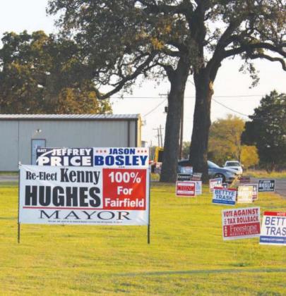 The space outside the Fairfield Green Barn, where early voting is currently taking place, is filled to the brim with political signs. Photo by Thomas Leffler