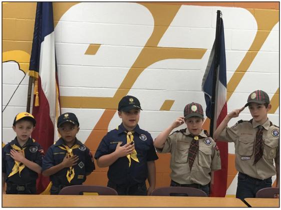 Cub Scout Pack 668 presented the colors for the pledges to both American and Texas flags during a candidates&#x2019; forum at Fairfield High School Jan. 30. Photo by Mary Cryer Awalt