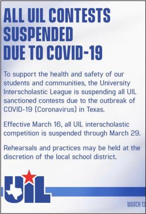 A statement made on March 13 by the University Interscholastic League (UIL), suspending all sporting contests through March 29. Fairfield ISD has chosen to cancel practices in the meantime.