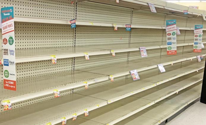 The winter storm left some shelves at Brookshire Brothers in Fairfield empty this past week as families gathered food to survive the winter storm. There was no bread left on the shelves and other items were sold out as well. The store was still open and did an awesome job serving the community in a time of need. Photo by Mitchell Pate