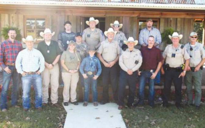 Pictured left to right at last Friday’s Freestone law enforcement gathering are: L-R: Sheriff Shipley, Chief Deputy Mowrey, Sgt. Cordova, FPD Ofc. Scarrow, Game Warden’s Ofc. Pool &amp; Ofc. McMillen, Bo Tackett, Deputies Darby, Willis, Steele, Howerton, Weinmann, Leatherman, and Fleming, Park Police Ofc. Ware. Contributed Photo