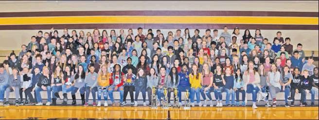 A proud group of Fairfield Junior High Academic UIL Champions gathered for the group photo commemorating 13 years in a row of winning first place overall in the competition. Photo by Mary Cryer Awalt