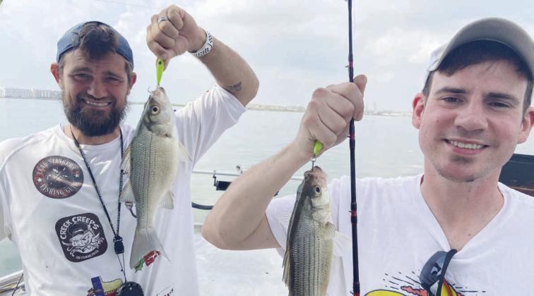 Not all white bass are spawning in creeks and rivers, Luke caught these out on the main lake with guide Brandon Sargent (Lead Slingers Guide Service) and Luke’s son Drew. Courtesy Photo by Luke Clayton