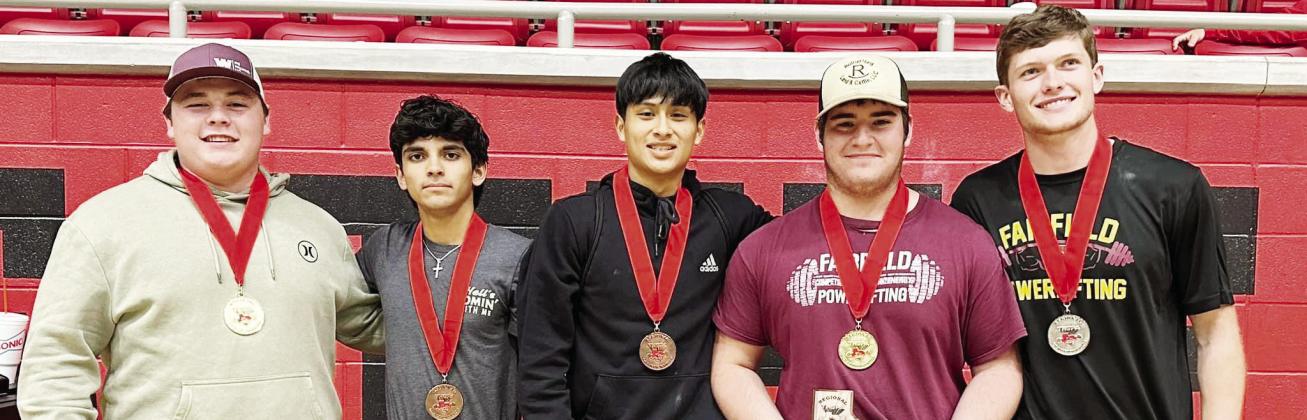 ABOVE: Competing at the 2024 State Powerlifting Meet in Abilene on Friday, March 22, were Brady Williams, Jose Gutierrez, Eli Castillo, Landon Salinas, and Collin Glass. BELOW LEFT: Landon Salinas is the 242 Division 3 State Champion for 2024 in Powerlifting. BELOW RIGHT: Coach Kevin Childers presents Eli Castillo with a $1,250 Texas High School Powerlifting Association scholarship. Courtesy Photos
