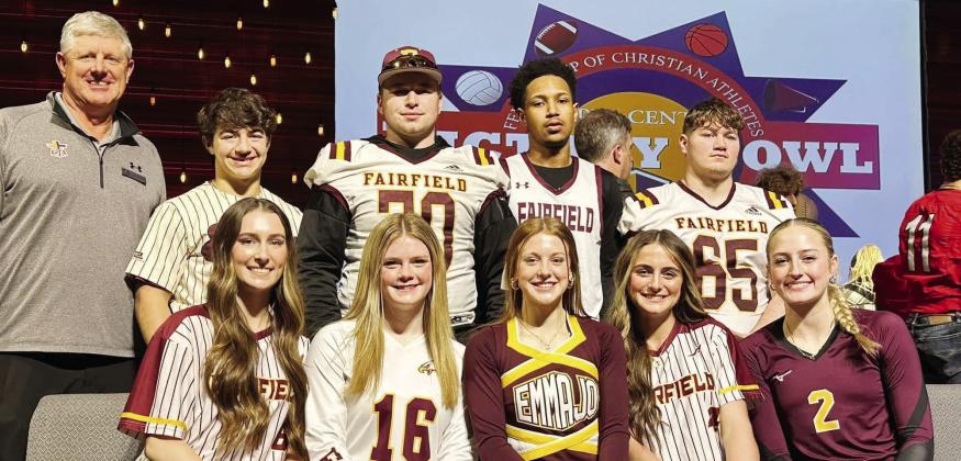 Nine Fairfield High School athletes will compete in the 16th Annual FCA Victory Bowl All-Star games this summer. Attending the Victory Bowl player press conference on Sunday, Feb. 4, are (front) Kennedy Lane, Lily Beaver, Emma Jo Smith, Madox Mitchael, Avery Thaler, (back) Freestone County Fellowship of Christian Athlete Representative Joey Worley, Rowdy Hand, River Bonds, Pierre Algood, and Johnathan Allen. Courtesy Photo