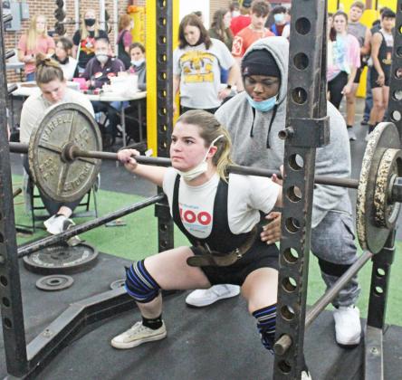 Kaden Salinas finishes 1st place in her division as she squats 220 pounds, bench presses 120 pounds, and deadlifts 205 pounds for a total of 545 pounds. Photo by Mitchell Pate