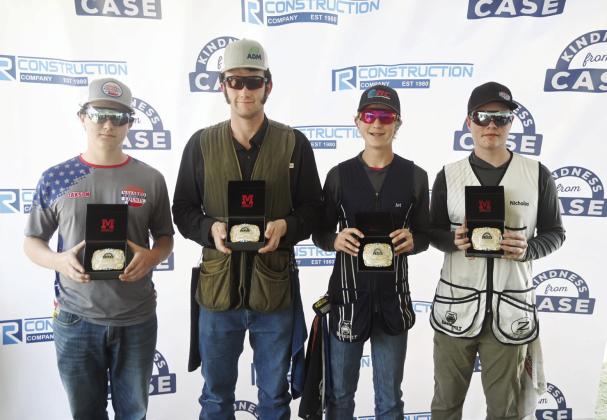 LEFT: Montie Montfort, Russ Montfort, Nathan Franks, and Jim Vaughn earn third place in the 4th Annual Kindness From Case Sporting Clays Shoot. RIGHT: Navarro County 4-H members Jaxson Aten, Colt Steele, Jet Tacker, and Nick Aucamp win first place in the youth division. Photos by Mitchell Pate/Fairfield Recorder