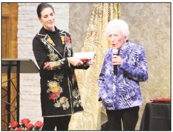 Patricia Ann Robertson, otherwise known as &#x201C;Miss Pat,&#x201D; speaks after being honored with the Lifetime Achievement award at the 2020 Fairfield Chamber of Commerce Banquet Jan. 23. Photo by Mary Cryer Awalt