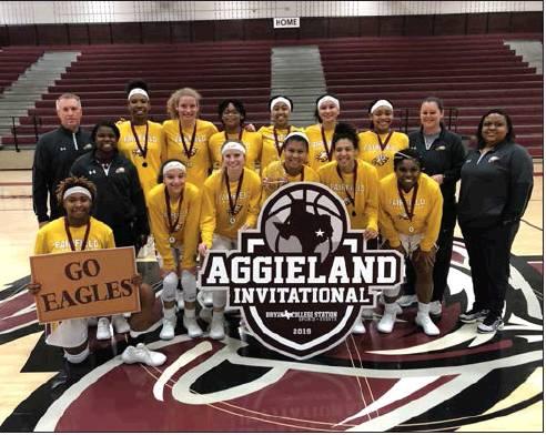 The Fairfield Lady Eagles are Division II champions of the 2019 Aggieland Invitational, defeating Glen Rose in a tough 28-23 final on Saturday. Photo via FHS Eagle Journalism