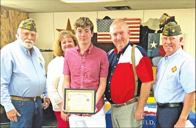 Ben Havens (center) holds a certificate and is flanked by his parents, Katherine and John Havens. Fairfield Post Commander Roger Brooke (far left) and Jr. Vice Commander Charles Morgan (far right) offered congratulations. Contributed Photo