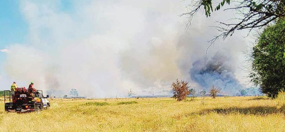 Wortham Fire Department personnel work to finish extinguishing the flames of a 64-acre grass fire on CR 1081, near Wortham on Sunday, July 10.