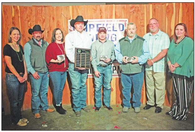 Jeff &amp; Melissa Nelson, Jerry Johnson, and Kenny Bulger were inducted into the Fairfield Young Farmers Hall of Fame on Saturday evening at the 4th Annual Fairfield Young Farmers Banquet. Pictured are Secretary Nicole Crawford, Jeff &amp; Melissa Nelson, President Michael Grissett, Jerry Johnson, Kenny Bulger, Vice-President Kevin Childers, and Treasurer Lori Bosley. Photo by Mitchell Pate